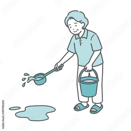 熱中症対策に打ち水をするシニア女性（おばあちゃん）のイラスト