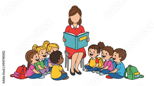 Reading Time Story: A teacher captivates a circle of attentive children with a captivating story, fostering imagination and learning.
