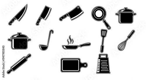 Professional Kitchen Utensils and Cookware Vector Set