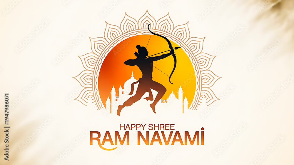 Fototapeta premium A vibrant illustration celebrating Ram Navami with a silhouette of Lord Rama