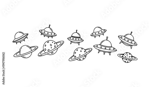 Doodle UFO spaceship and ringed planet vector illustration space icon set