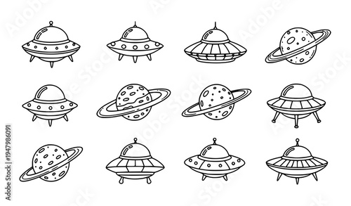 Hand drawn UFO spaceships and ringed planets vector collection doodle space icon set