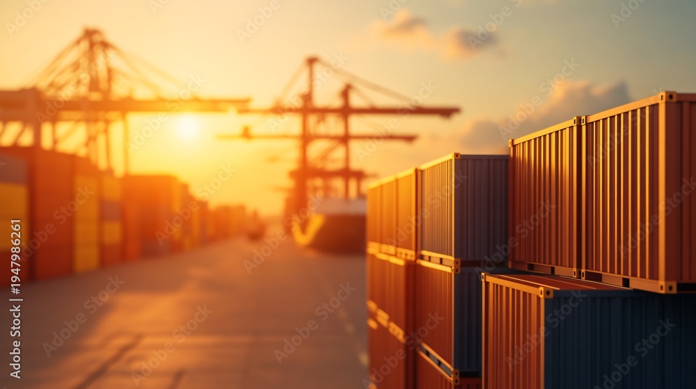 Obraz premium Major container terminal experiencing maritime trade disruption with slowed cargo handling operations and multiple container ships anchored offshore awaiting docking clearance.
