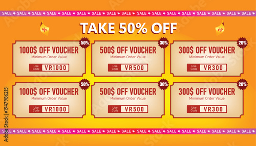 Voucher template with discount coupons and promotional offer layout, perfect for marketing campaigns, ecommerce promotions.