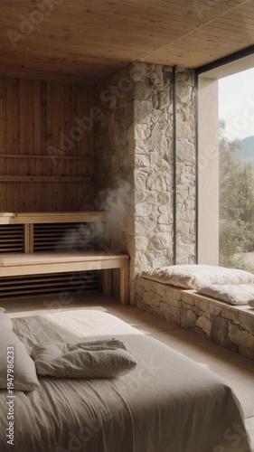 Modern bedroom with steam rising.