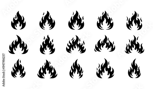 Black flame shapes and fire border vector set isolated on white background heat symbol collection