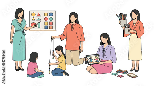 Learning and Teaching: Illustrative depiction of educators teaching pupils in a creative learning environment.