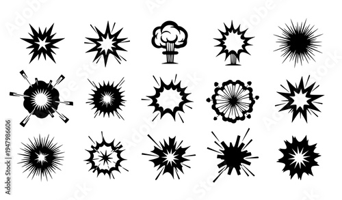 Comic book explosion burst symbols vector set black abstract impact shapes