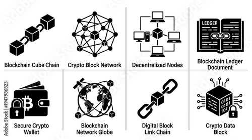 Blockchain Icons for Cryptocurrency, Ledger, and Decentralized Networks