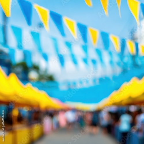Outdoor market with blue and yellow pennant banners, bustling blurred crowd, festive summer fair scene with colorful stalls and overhead flags