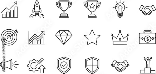 Essential Outline Icons for Business Success, Strategic Growth, and Professional Achievement