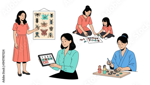 Interactive Learning: A compilation of educational scenes showing a teacher and student engaging in various hands-on learning activities.