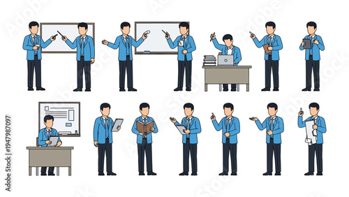 Business presentation illustration set: A comprehensive set of illustrations depicting various facets of a presenter engaging with presentation tools.