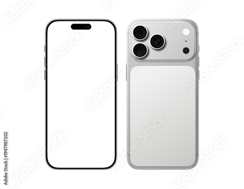 Smartphone screen protector and silver iphone case with triple camera on white background