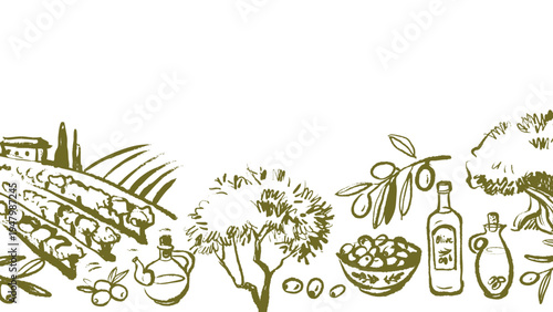 Vintage sketch olive background. Extra virgin, farm product, Mediterranean cuisine, cosmetic, organic farm, packaging label. Hand drawn crayon vector illustration.