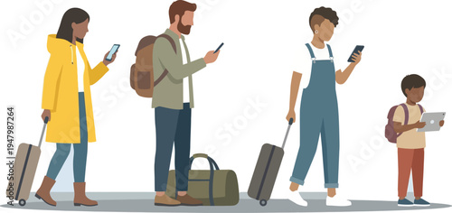 Diverse travelers with luggage using smartphones and digital devices for modern travel technology and tourism lifestyle vector illustration.