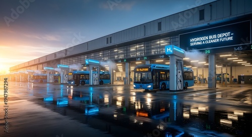 Modern Gas Station at Dusk with Neon Lights.
