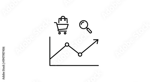 Business growth chart with shopping cart and magnifying glass icons, concept of online sales analysis