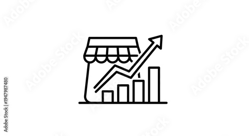 Business Growth Icon: Storefront with Upward Trend Bar Graph and Arrow