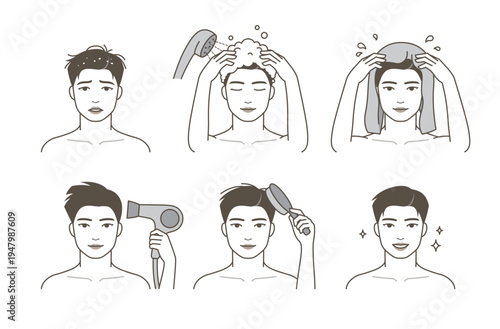 Men hair care routine step by step illustration, male grooming process including washing hair with shampoo, drying with towel and hairdryer, brushing and styling, personal hygiene and daily self care
