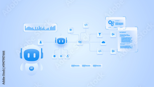 AI workflow automation artificial intelligence. ai agent workflow diagram dashboard machine learning system with data analytics, processing flow, coding and process flow.