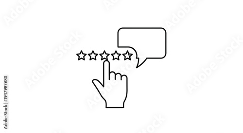 Customer feedback with star rating and speech bubble icon, hand pointing