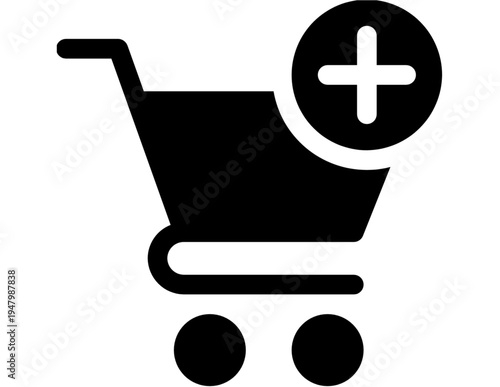 Black shopping cart icon with white plus sign for adding items