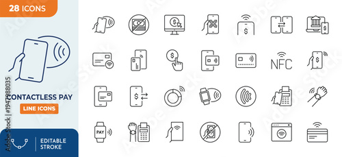 Contactless pay icon set. Outline icons collection. editable stroke. Vector illustration