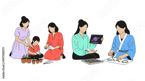 The Moments of Connection: A collection of illustrations depicting moments of family bonding, educational activities, and personal crafts that evoke warmth and togetherness.