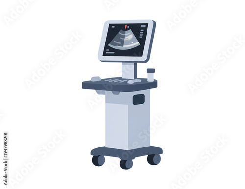 Ultrasound machine on wheels with monitor and control panel in medical setting