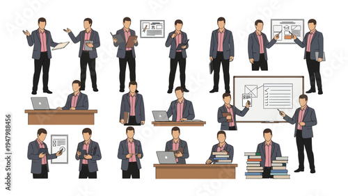 Business Professional's Diverse Poses: A compilation of business professionals showcasing a range of dynamic poses for different corporate scenarios. Emphasizing adaptability and skill.