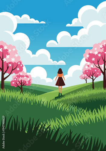 Serene Landscape Vector Illustration with Blooming Cherry Blossom Trees and Rolling Hills on a Sunny Day
