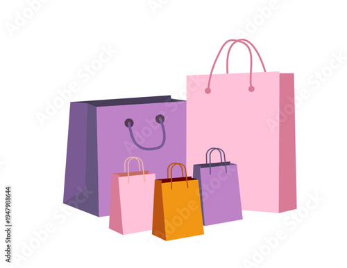 Colorful shopping bags in various sizes on white background