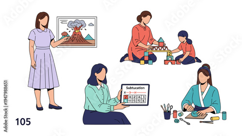 Education & Creative Activities: A series of illustrations capturing diverse educational and creative moments, from learning about volcanoes to artistic endeavors. 