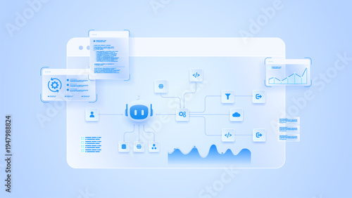 AI workflow automation artificial intelligence. ai chatbot workflow automation platform with code, analytics dashboard and cloud integration on minimal light blue technology.