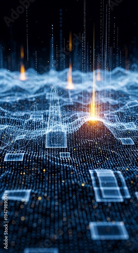 Futuristic abstract data visualization representing digital information processing, big data analytics, and global network connections with glowing elements
