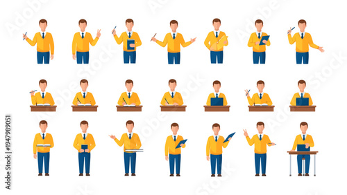Business Man in Different Poses: A vector illustration showcasing a professional, demonstrating a variety of actions, perfect for presentations, marketing materials and projects