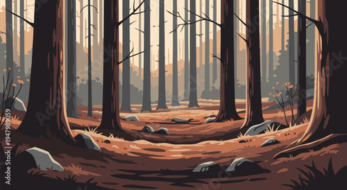 Serene forest path in autumn light, a beautiful vector illustration for nature and landscape design