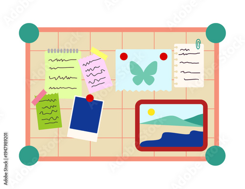 Colorful bulletin board with notes photos and a butterfly organized with push pins