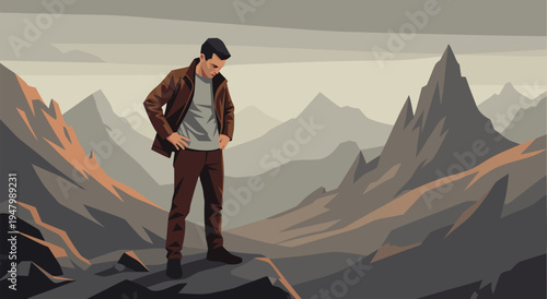 Vector illustration of a pensive man standing on a rocky mountain landscape, contemplating his future journey