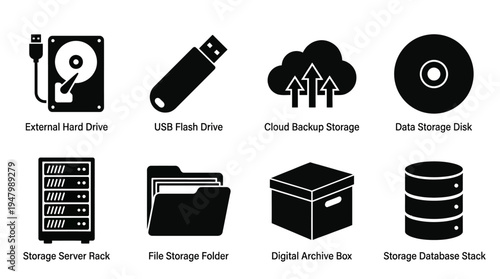 Data Storage Icons for Backup, Cloud, and Archiving Solutions