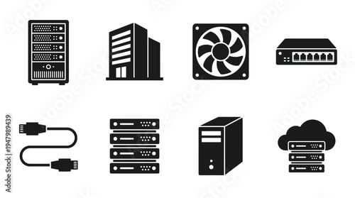 Computer Hardware Icons for Networking, Servers, and Cloud Storage