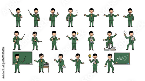 Teacher's Various Expressions and Actions: A collection of illustrations captures a male teacher in a variety of poses and interactions, ideal for educational content.