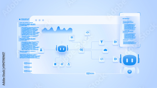 AI workflow automation system. ai agent workflow diagram dashboard machine learning architecture processing flow panel, coding panel and process flow.
