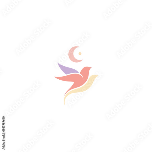 Peaceful dove, crescent moon, and star logo. Gentle colors, symbol of hope and spirituality.