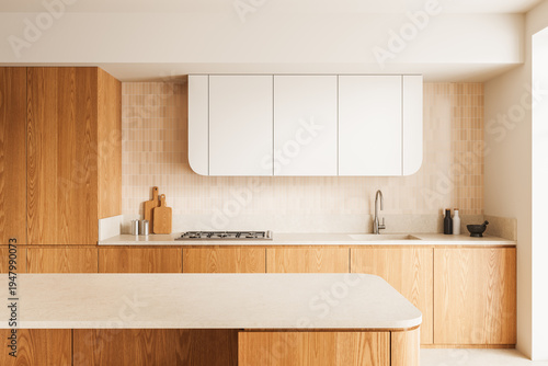 Modern kitchen interior with wooden cabinetry and light countertop for product mockup presentation in bright minimalist design. 3D Rendering