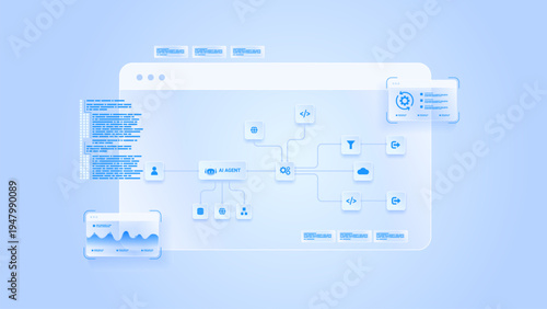 AI workflow automation artificial intelligence. ai agent workflow diagram dashboard machine learning system showing node input, processing flow, coding and process flow.