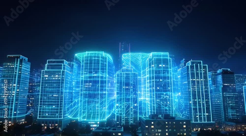 Futuristic cityscape with glowing neon blue outlines against dark night sky