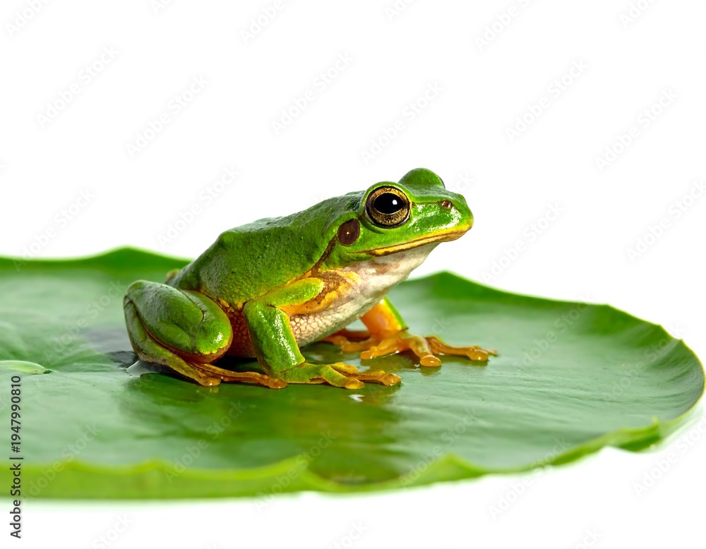 Fototapeta premium Green frog rests on a bright green lily pad against a plain white background, in a clean, close-up composition