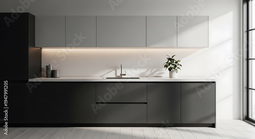 Minimalist modern kitchen interior features sleek dark cabinetry integrated appliances and under cabinet lighting accents